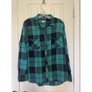Merona Women’s Flannel Shirt Blue Green Black Plaid Button Front Long Sleeve XL